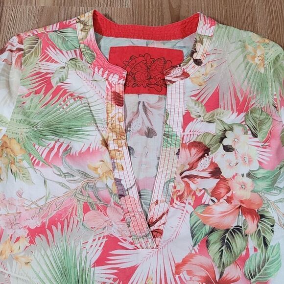 💚Island Shop Cream & Multicolored Tropical Hawaiian Print Tunic Small - Picture 3 of 9